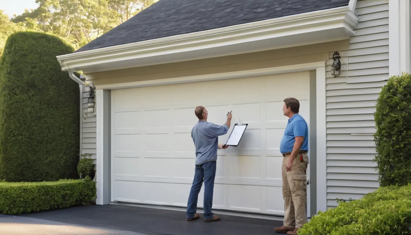 Homeowner and a friendly garage door provider reviewing a new steel garage door on a colonial home in the Aberdeen area